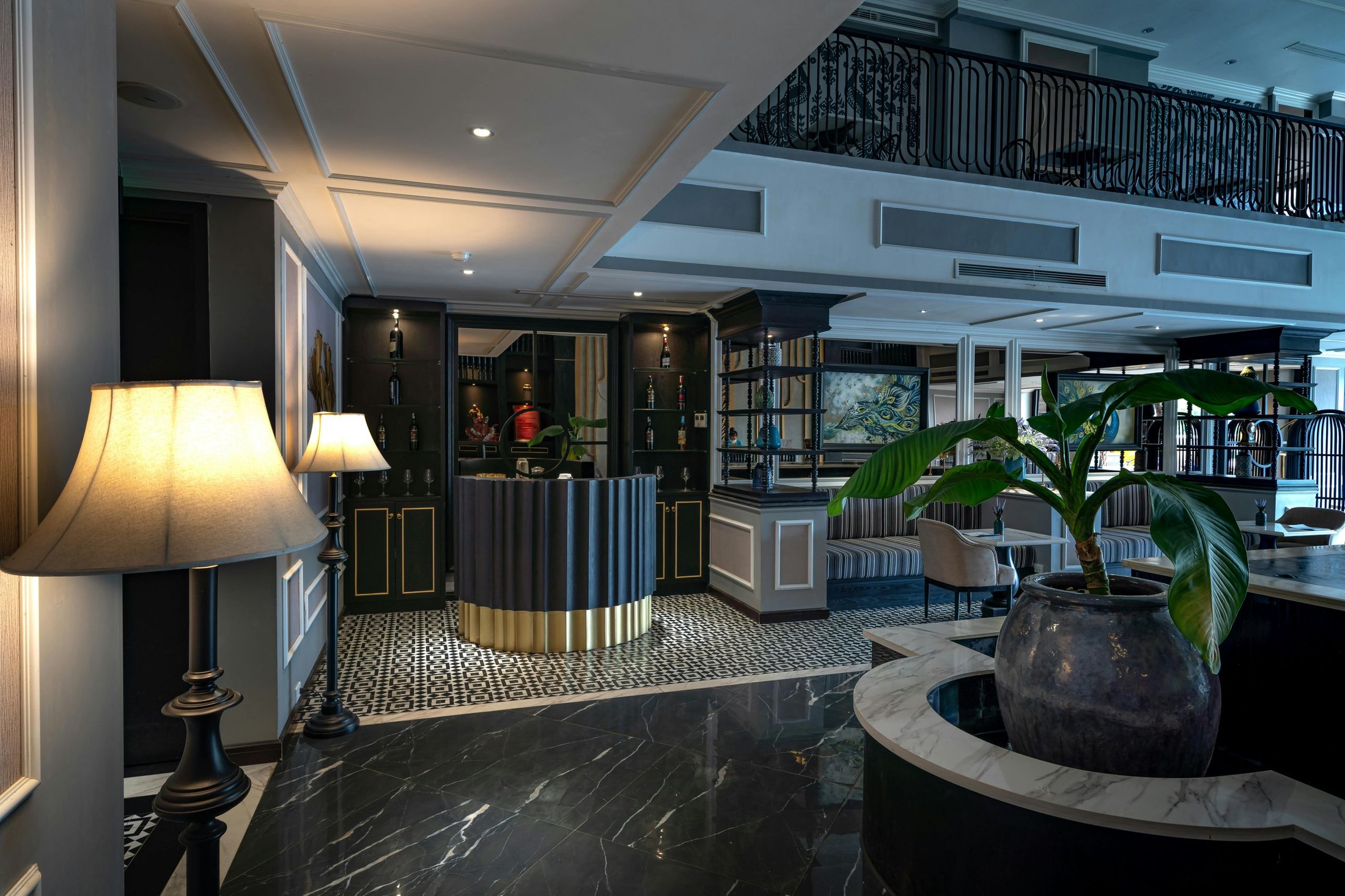 Luxury hotel interior with polished marble and chandelier lighting
