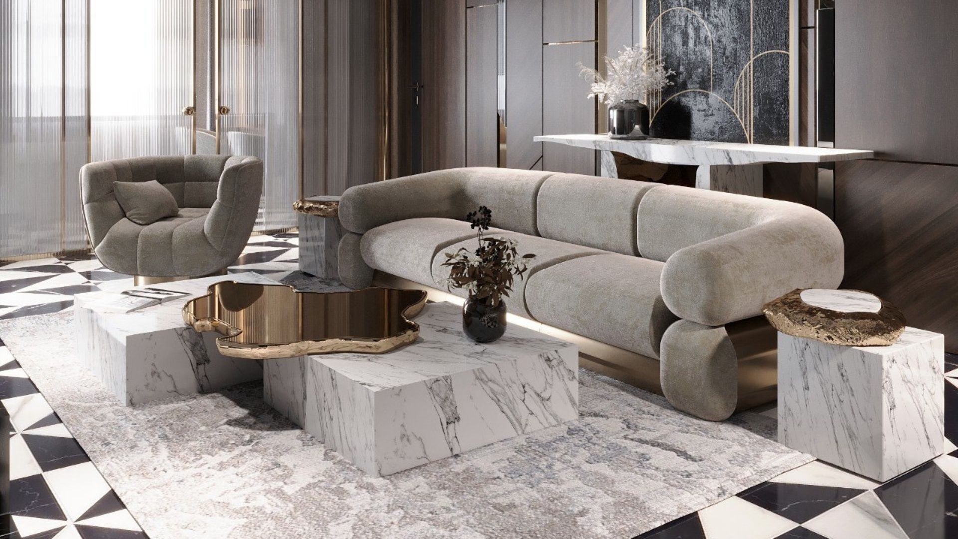 Luxury living room with marble and reflective design elements