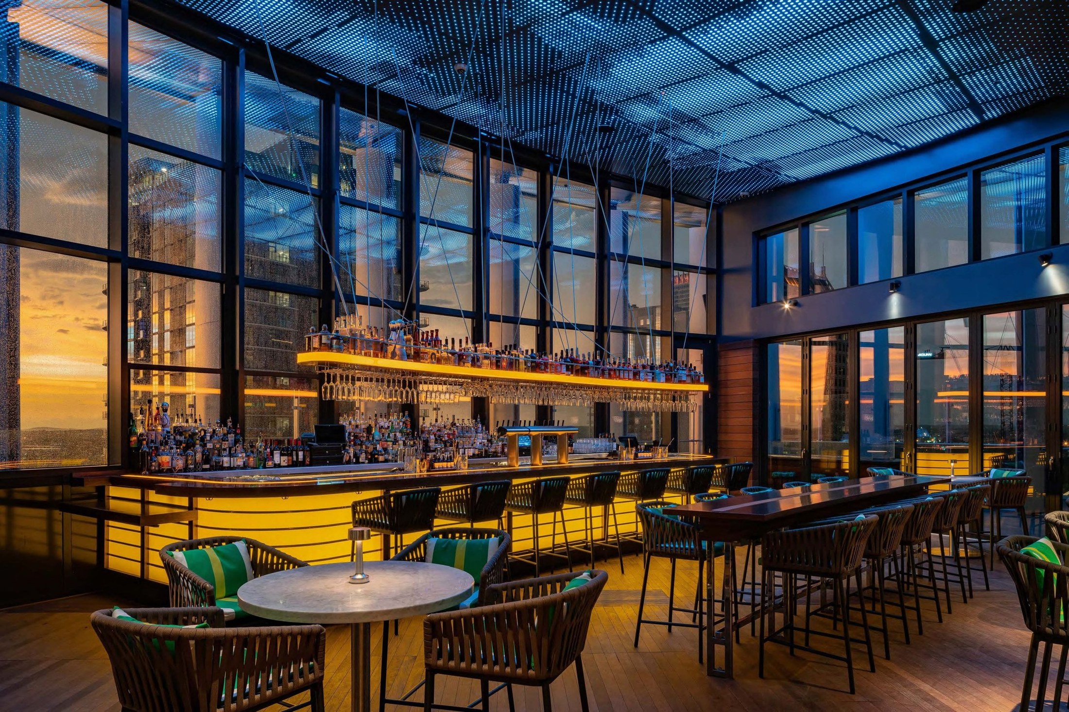 Luxury restaurant interior with dramatic lighting